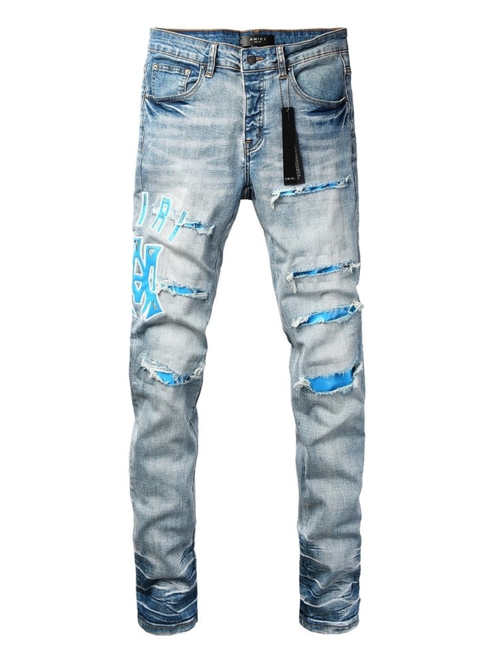 AMIRI Light Blue Distressed Skinny Jeans with Bright Blue Patchwork